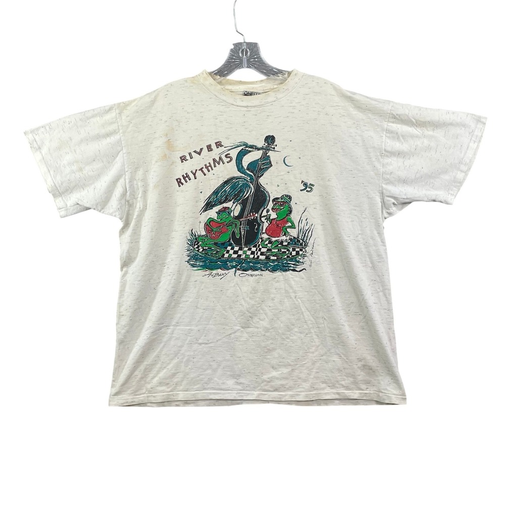 Oneita T-Shirt Mens XL White 1995 River Rhythms Albany Oregon Vintage 90s Cotton
